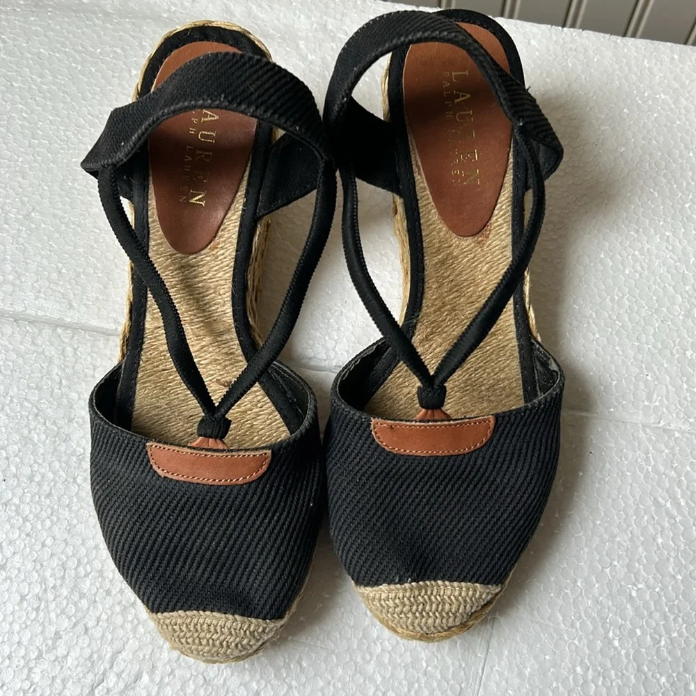 Lauren Ralph Lauren womens wedge 2.5” woven straw heel espadrilles size 8 black